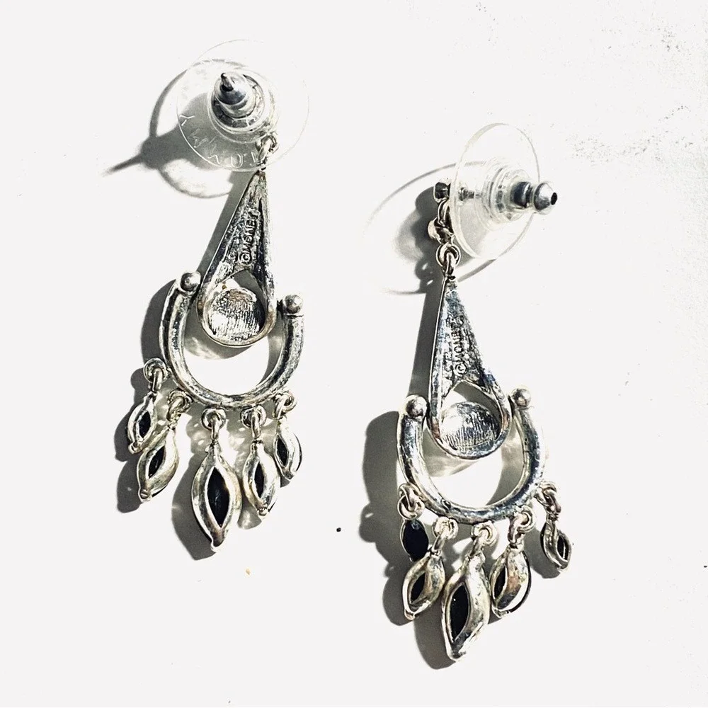 Monet Art Deco Style Silver & Black Crystal Rhinestone Chandelier‎ Earrings